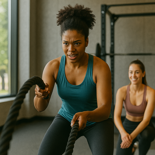 אישה מתאמנת באינטנסיביות עם חבלי קרב בחדר כושר מודרני ומואר, מבט ממוקד ואנרגטי המשדר נחישות ויעילות בזמן אימון אפקטיבי