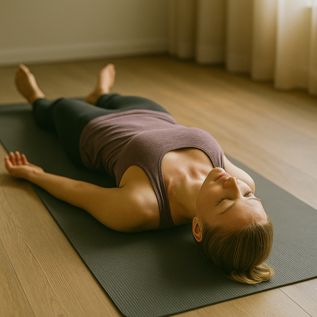 אישה שוכבת על מזרן יוגה בתנוחת שיוואסנה באולם מואר באור טבעי, עיניים עצומות והבעה רגועה, באווירה שקטה ושלווה של הרפיה מוחלטת