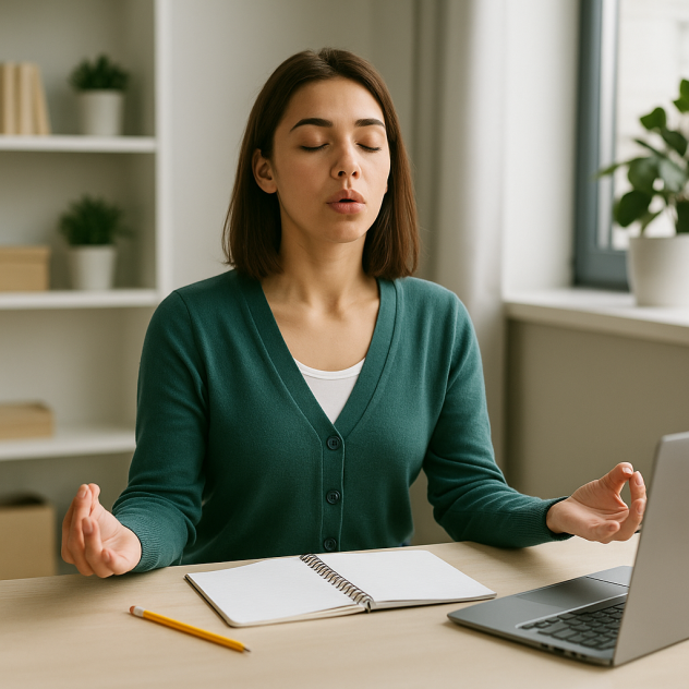 סטודנטית יושבת ליד מחשב ועושה תרגילי נשימה