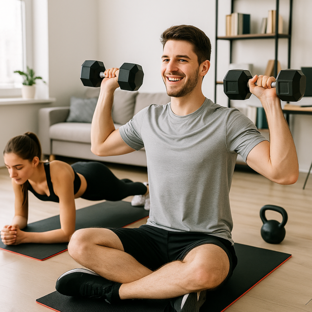 בחור מתאמן עם משקולות ולידו בחורה עושה פלאנק. שניהם עושים אימוני כושר.