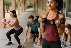 קבוצת סטודנטים צעירים בקמפוס אוניברסיטאי מבצעים תרגילי כושר קצרים בין שיעורים