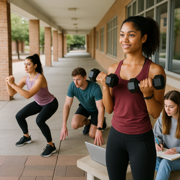 קבוצת סטודנטים צעירים בקמפוס אוניברסיטאי מבצעים תרגילי כושר קצרים בין שיעורים