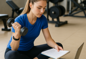 בחורה מתאמנת עם משקולת בישיבה בזמן שקוראת ממחברת