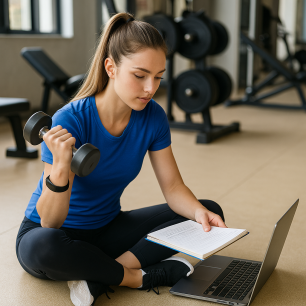 בחורה מתאמנת עם משקולת בישיבה בזמן שקוראת ממחברת