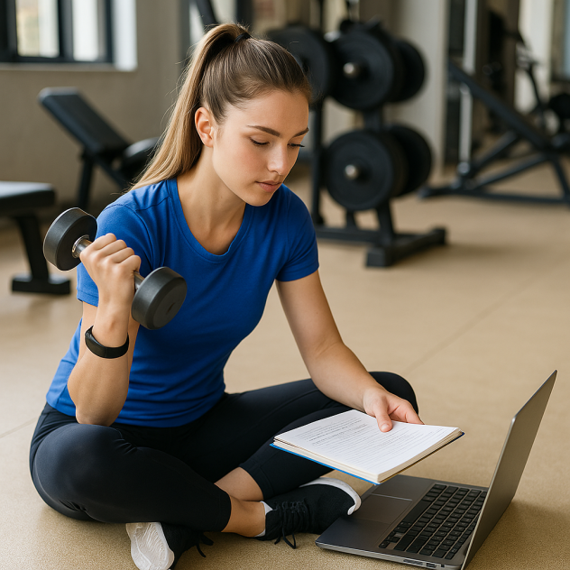 בחורה מתאמנת עם משקולת בישיבה בזמן שקוראת ממחברת